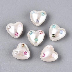 Кремово-белый Абс пластиковые жемчужные бисера, сердце, со стразами, кремово-белые, 19x20x12 мм, отверстие : 1.6~2 мм