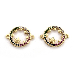 Colorful Brass Micro Pave Cubic Zirconia Links, Long-Lasting Plated, Flat Round with Star, Real 18K Gold Plated, Colorful, 15x19x2mm, Hole: 1.2mm