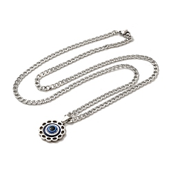 Stainless Steel Color Enamel Flower with Eye Pendant Necklaces, 304 Stainless Steel Curb Chain Necklaces , Stainless Steel Color, 23.46 inch(59.6cm)