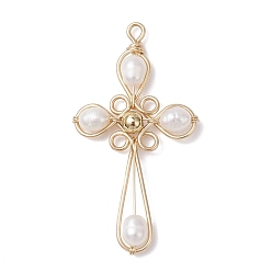 Золотой Подвески-кресты из натурального культивированного пресноводного жемчуга, обвитые медной проволокой, цветочный белый, золотые, 50x26.5x5 мм, отверстие : 2.4 мм