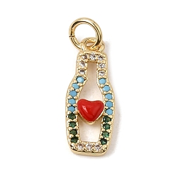 Red Brass Micro Pave Colorful Cubic Zirconia Pendants, with Enamel, Wine Bottle with Heart Charms, Rack Plating, Long-Lasting Plated, Cadmium Free & Lead Free, Real 18K Gold Plated, Red, 18x7x3mm, Hole: 3.5mm
