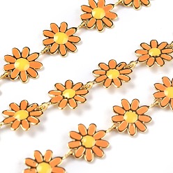 Оранжевый Звено цепи с эмалью из золотой латуни, долговечный, с катушкой, несварные, маргаритка, оранжевые, 13.5x10x1.5 мм, 32.8 футов (10 м) / рулон