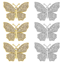 Platinum & Light Gold 6 шт. 2 цветные бабочки из сплава со стразами на лацкан для рюкзака и одежды, платина и светлое золото, 30x41.5 мм, 3 шт / цвет