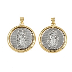 Платиновый & Золотой Латунные подвески, плоские круглые с Девой Марией, стойки покрытие, без свинца и без кадмия, долговечный, платиной и золотом, 28x25x3 мм, отверстие : 4x3.5 мм