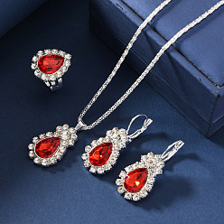 Рубин Комплекты из серег, подвесок и колец из сплава со стразами в форме капли, рубин, ожерелья: 420мм; серьги: 40x18мм; кольцо: 17мм внутренний диаметр