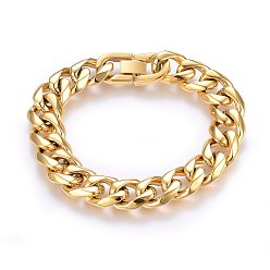 Golden 304 Stainless Steel Curb Chain Bracelets, Ion Plating(IP), with Fold Over Clasps, Golden, 8-5/8 inch(22cm), 14x5mm