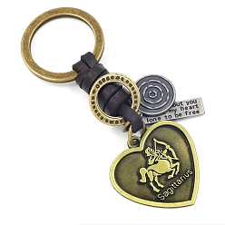 Sagittarius Heart with Constellations Antique Bronze Alloy Keychains, with Leather Cords, Sagittarius, 10cm