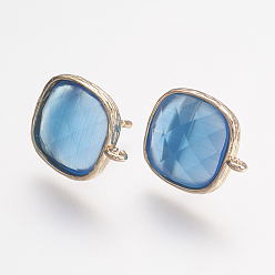 Голубой Латунные серьги-гвоздики из циркония, с петлей, кошачий глаз, квадратный, граненые, золотой свет, голубой, 17 мм, отверстия: 1 мм, штифты: 0.7 мм