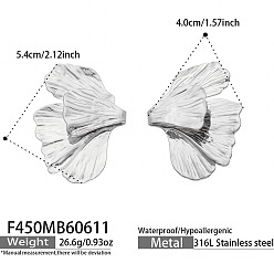 Stainless Steel Color 316 Surgical Stainless Steel Stud Earrings, Leaf, Stainless Steel Color, 54x40mm
