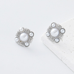 Color de Acero Inoxidable 304 aretes de acero inoxidable para mujer, cruzar, con perlas de imitación, color acero inoxidable, 16x16 mm