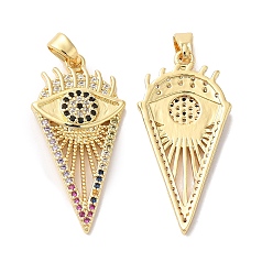 Real 18K Gold Plated Brass Micro Pave Colorful Cubic Zirconia Pendants, Triangle with Eye Charm, Real 18K Gold Plated, 30x15x3mm, Hole: 5x2.5mm