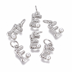 Letter E Латунь прелести, с фианитами и оболочки жемчужиной шарик, буквы, платина, прозрачные, letter.e, 9.5~11x3.5~10.8x3~3.5 мм, отверстие : 3.5 мм