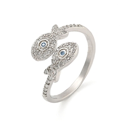 Platinum Brass Micro Pave Cubic Zirconia Cuff Finger Rings, Fish, Platinum, Inner Diameter: 18mm