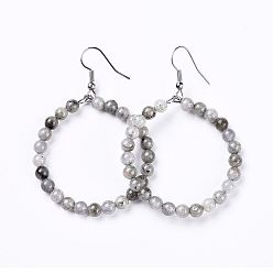 Лабрадорита Натуральный лабрадорита болтаться серьги, с крюком из нержавеющей стали, кольцо, 60~61x44 мм , штифт: 0.6 мм