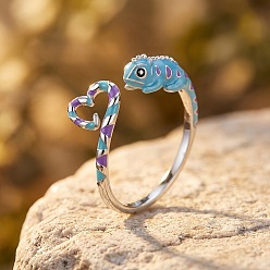 Azul Cielo Anillos abiertos de aleación de esmalte, lagarto, Platino, luz azul cielo, 15~20 mm