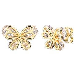 Golden Brass Micro Pave Clear Cubic Zirconia Stud Earring, Buttterfly, Golden, 11.6x15mm