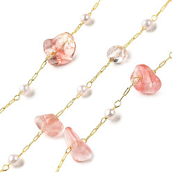 Вишневый Кварц Цепочки из бисера ручной работы из вишневого кварцевого стекла, пайки, с бусинами из АБС-пластика и фурнитурой из латуни с покрытием из стойки, долговечный, без свинца и без кадмия, с катушкой, реальный 18 k позолоченный, 5~10x3~6x2.5~6 мм