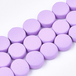 Violet Spray Painted Non-magnetic Synthetic Hematite Beads Strands, Flat Round, Violet, 10x4mm, Hole: 1mm, about 44pcs/strand, 15.7 inch