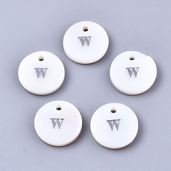 Letter W Natural Freshwater Shell Pendants, with Platinum Plated Iron Etched Metal Embellishments, Flat Round with Initial Letter, White, Letter.W, 11x2mm, Hole: 1.5mm