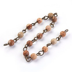 Пейзажный Джаспер Handmade натуральная картина яшма бисер цепи, несварные, с латунным штифтом, круглые, граненые, античная бронза, 12~12.5x4~4.5 мм, около 39.37 дюйм (1 м) / прядь