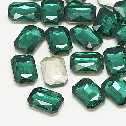 Med.Emerald Pointed Back Glass Rhinestone Cabochons, Faceted, Rectangle Octagon, Med.Emerald, 14x10x4mm