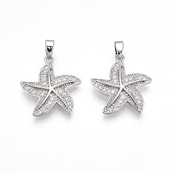 Платина Латунные микро проложить кубического циркония подвески, без кадмия и без свинца, прелести морская звезда, платина, 19~19.5x18x3 мм, отверстие : 2x5 мм