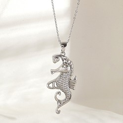 Sea Horse Ожерелья с подвесками Ocean Summer из латуни с прозрачными кубическими цирконами и паве, платина, морской конек, 17.72 дюйм (45 см), Кулон : 44x20 мм