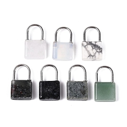 Mixed Stone Natural & Synthetic Mixed Stone Pendants, Lock Charms with Alloy Findings, Platinum, 29~30x16~17x7mm, Hole: 12.5~13x10.5mm