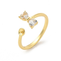 Золотой Латунные оправы для колец-манжет с прозрачными кубическими цирконами, для полуполых бусин , бантом, золотые, 2~9.5 мм, размер США 7 1/4 (17.5 мм)