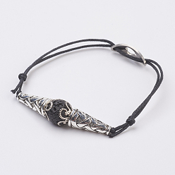Lavastein Verstellbare Armbänder aus Perlen aus natürlichem Lavastein, mit gewachster Baumwollkordel, 304 Edelstahl Links, Mütze im tibetischen Stil und Kappe aus Eisen, 2 Zoll~3-3/4 Zoll (50~95mm)
