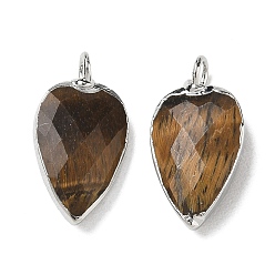 Tiger Eye Natural Tiger Eye Pendants, with Brass Edge Loops, Faceted, Heart Charms, 23~23.5x12~12.5x5.5mm, Hole: 3mm