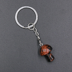 Красный Обсидиан Брелок для ключей с грибами из натурального красного дерева и обсидиана, с железной фурнитурой, 7.5x2.5 см