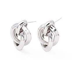 Платинированный Серьги-гвоздики с переплетенными кольцами для женщин, Реальная платина, 32x24 мм, штифты : 1 мм