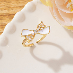 Белый Латунные кольца-манжеты для женщин, с эмалью и горный хрусталь, бантом, золотые, белые, внутренний диаметр: 15~20 мм