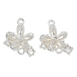 Silver Brass Pave Clear Cubic Zirconia Connector Charms, Flower Links, Silver, 17x14x4mm, Hole: 1.2mm