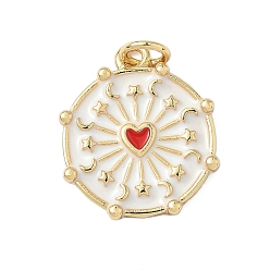 Белый Латунь эмаль подвески, плоский круглый с подвеской в виде сердца, с целью перехода в кольце, без свинца и без кадмия, долговечный, стойки покрытие, реальный 18 k позолоченный, белые, 17.5x15x2 мм, отверстие : 3.4 мм