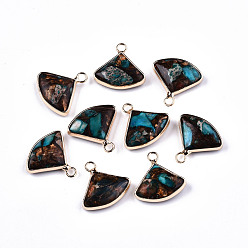 Темно-Голубой Веерные подвески из синтетического бронзита и регалита/императорской яшмы, с железной петлей и латунным краем, золотой свет, окрашенные, глубокое синее небо, 18~21x18~20.5x5~6 мм, отверстие : 2 мм