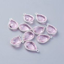 Pink Стеклянные подвески, с фурнитурой Berzel с открытой спиной из экологически чистого сплава, граненые, слеза, серебряный цвет гальваническим, розовые, 18x12x5 мм, отверстие : 1.4 мм