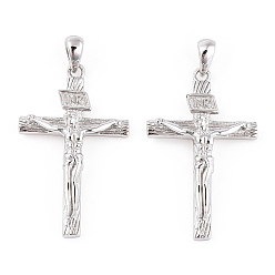 Платинированный Подвески из серебра 925 пробы с родиевым покрытием 925, Религия Иисус крест с печатью 925, Реальная платина, 32x19x5 мм, отверстие : 3x4 мм