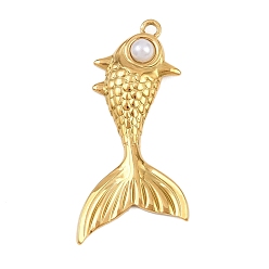 Настоящее золото 18K 304 подвески из нержавеющей стали, подвески-рыбки с искусственным жемчугом из АБС-пластика, ионное покрытие (ip), белые, реальный 18 k позолоченный, 38.5x18x4 мм, отверстие : 2 мм