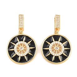 Real 18K Gold Plated Brass Micro Pave Clear Cubic Zirconia Pendants, with Black Enamel, Wheel Charms, Real 18K Gold Plated, 33mm, Pendant: 22x19x3.5mm, Hole: 7x4mm