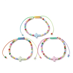 Разноцветный Браслеты из крестообразных и круглых акриловых бусин, регулируемые браслеты из нейлонового шнура для женщин, красочный, внутренний диаметр: 2~3-1/2 дюйм (5~9 см)