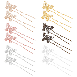 Gemischte Farbe Eisen Haar Gabel Zubehör, mit filigranen Befunden aus Messingschmetterlingen, Gemischte Farbe, 85.5x22x3 mm, Schmetterling: 30x20 mm, 24 Stück / Set