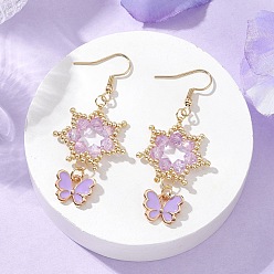 Фиолетовый Цветок с бабочкой 304 серьги-подвески из нержавеющей стали и стеклянных бусин, с нитью из нейлоновой проволоки, сплава и эмали, золотые, фиолетовые, 57x24 мм