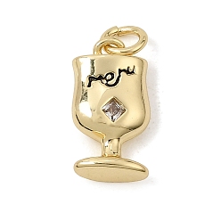 Black Brass Micro Pave Clear Cubic Zirconia Pendants, with Enamel, Goblet with Word Charms, Rack Plating, Long-Lasting Plated, Cadmium Free & Lead Free, Real 18K Gold Plated, Black, 15x8x3.8mm, Hole: 3.5mm