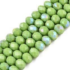 Желто-Зеленый Гальванизировать непрозрачные сплошной цвет стеклянные бусы пряди, с половиным покрытием цвета радуги, граненые, рондель, желто-зеленый, 6x5 мм, отверстие : 1 мм, около 80~85 шт / нитка, 38~40 см