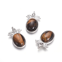 Tiger Eye Natural Tiger Eye Pendants, with Platinum Tone Brass Findings, Pineapple, 29x17.5x7mm, Hole: 4.5x3.5mm