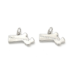 Platinum Brass Pendants, Nuggets with Word Massachusetts Charms, Long-Lasting Plated, Rack Plating, Lead Free & Cadmium Free, Platinum, 11x18x2.5mm, Jump Ring: 5x1mm, 3mm inner diameter
