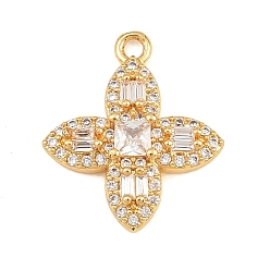 Golden Brass Micro Pave Clear Cubic Zirconia Pendants, Four Leaf Flower Charms, Golden, 18x15.5x4mm, Hole: 1.5mm