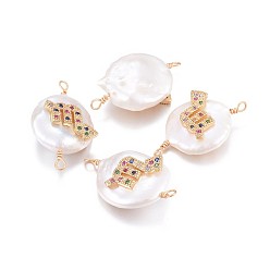Scorpio Natural Pearl Links connectors, with Brass Micro Pave Cubic Zirconia Findings, Flat Round with Constellation, Golden, Colorful, Scorpio, 20~26x9~17x5~11mm, Hole: 1.6mm